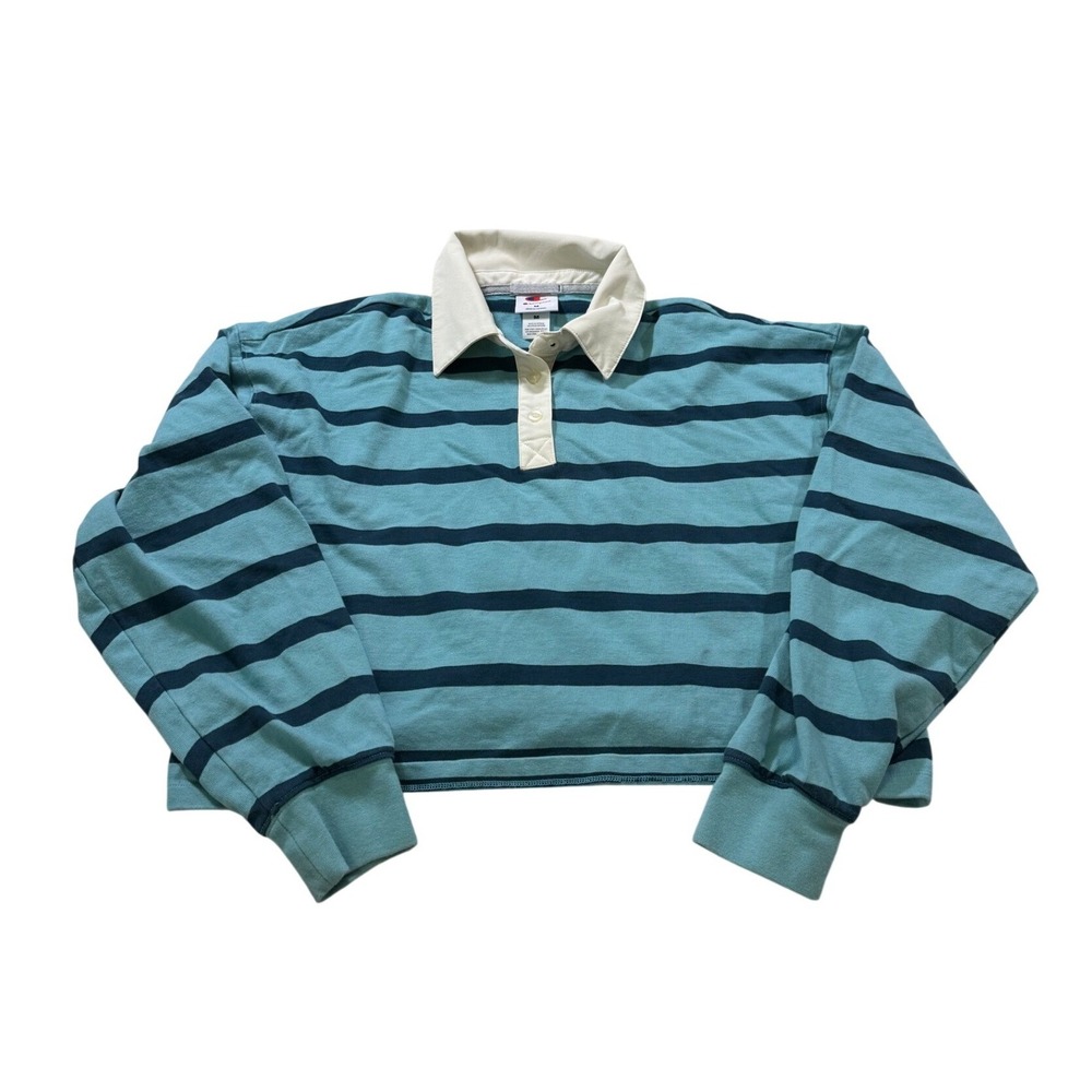 Champion Rugby Shirt M Teal Striped Cropped Long Sleeve Sporty Streetwear Preppy
